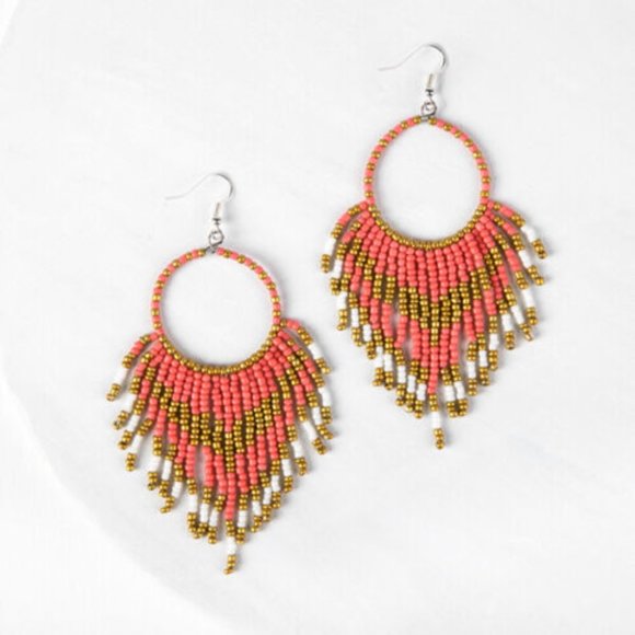 New Coral and Gold beaded long earrings - Misty - Picture 6 of 6
